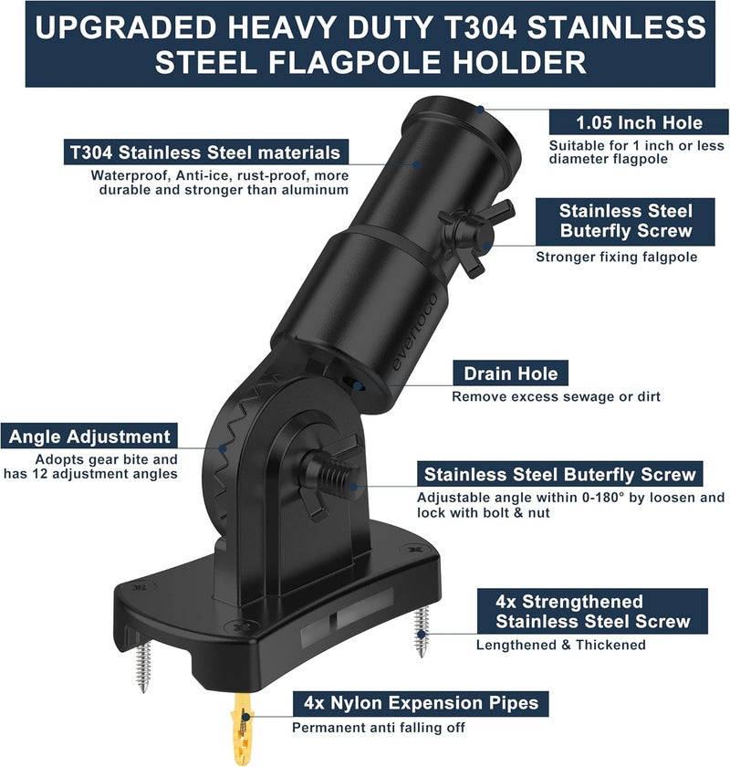 evertoco Heavy Duty T304 Stainless Steel Flag Pole Bracket - 180° Adjustable Flag Pole Holder for House with Two Installation Methods, Flag Mount for 1" Diameter Pole, Wind Resistant&Rust Free Black - Image 3